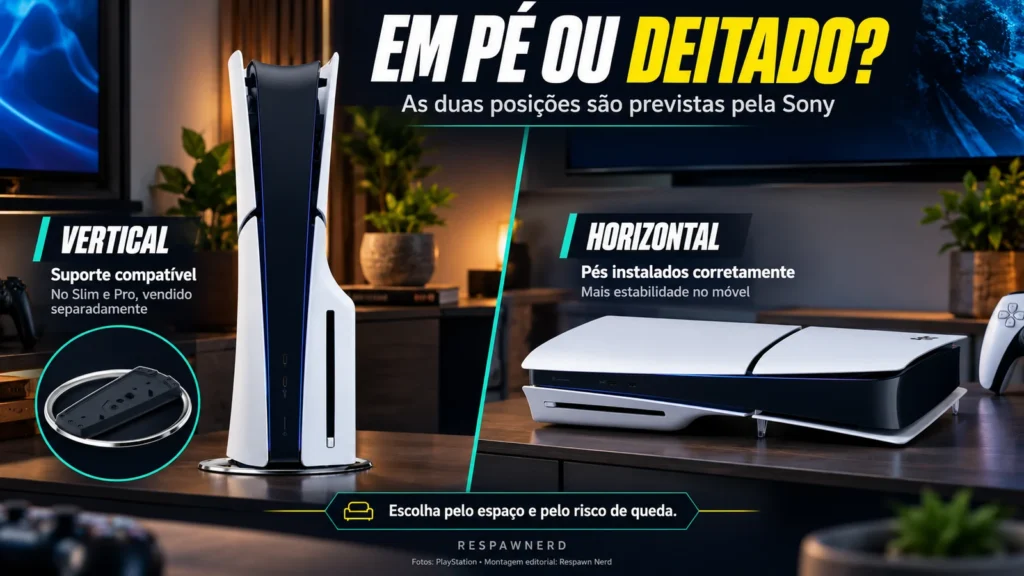 Comparação do PS5 na vertical com suporte e na horizontal com os pés instalados